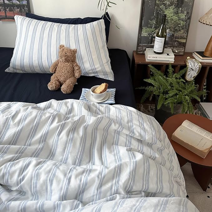 mixinni Vintage Blue & White Striped Duvet Cover Set - 3 Piece 100% Washed Cotton King Size Bedding | Minimalist Relaxed Style | Ultra Soft Breathable, with Zipper Closure & Corner Ties-King Size