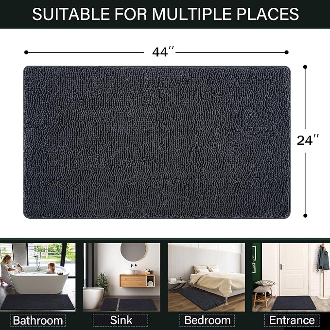 LOCHAS Luxury Bathroom Rug Shaggy Bath Mat 24 x 44 Inch, Dark Grey | Washable Non Slip Bath Rugs for Bathroom Shower, Soft Plush Chenille Absorbent Carpets