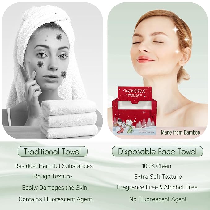 Christmas Style WOWOTEX Disposable Face Towels 60 Count Large Dry Wipes | 10"×12", Extra Thick Soft and Sensitive Skin friendly, Clean Facial Towels for Skincare, Makeup Removal and Facial Cleansing