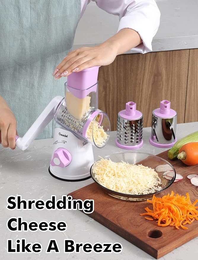 Geedel Rotary Cheese Grater, Kitchen Mandoline Vegetable Slicer with 3 Interchangeable Blades, Easy to Clean Rotary Grater Slicer for Cheese, Vegetables, Nuts