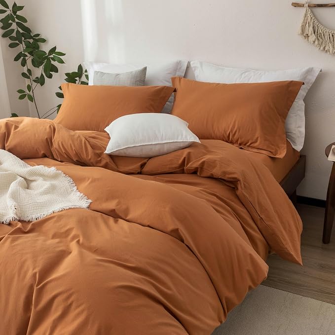 Linen Feel Duvet Cover King Size 104inch x 90inch,100% Washed Cotton Duvet Cover with Zipper Closure and 2 Pillowcases, Color of Burnt Orange