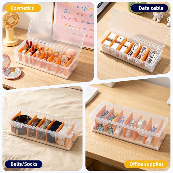 VZZNN 5 Pack Clear Cable Organizer Box with Lid, Plastic Cord Storage Case for Chargers, Power Cords, Electronics Accessories – Transparent Desk Organizer, Stackable, Adjustable Dividers