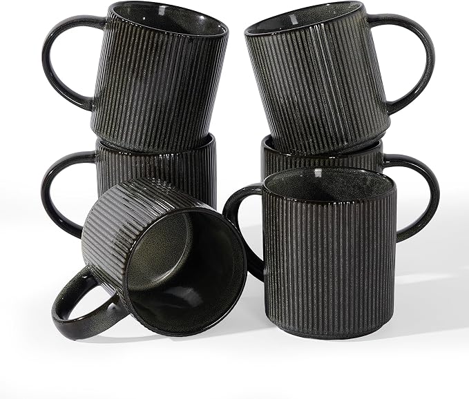 famiware Coffee Mug Set for 6, Star 16 oz Catering Mugs Cup Set with Handle for Coffee, Tea, Cocoa, Milk - Ceramic Stoneware Drinkware Set, Deep Forest