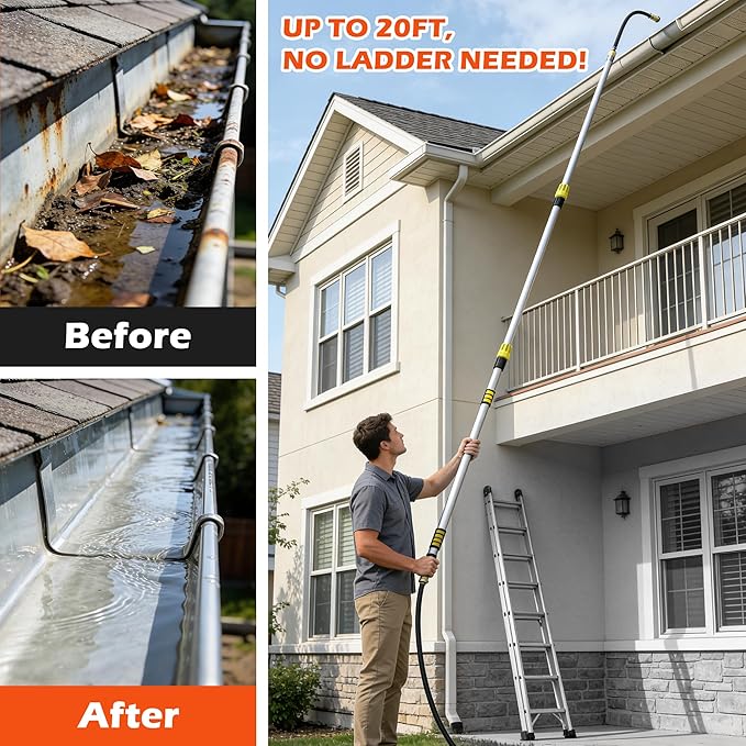 24FT Reach 8-18FT Telescopic Pole Gutter Cleaning Tools from Ground, Up to 24FT Reach, Flexible Wand, Adjustable Flow for Garden, Roof Gutters, Leaves & Debris Removal