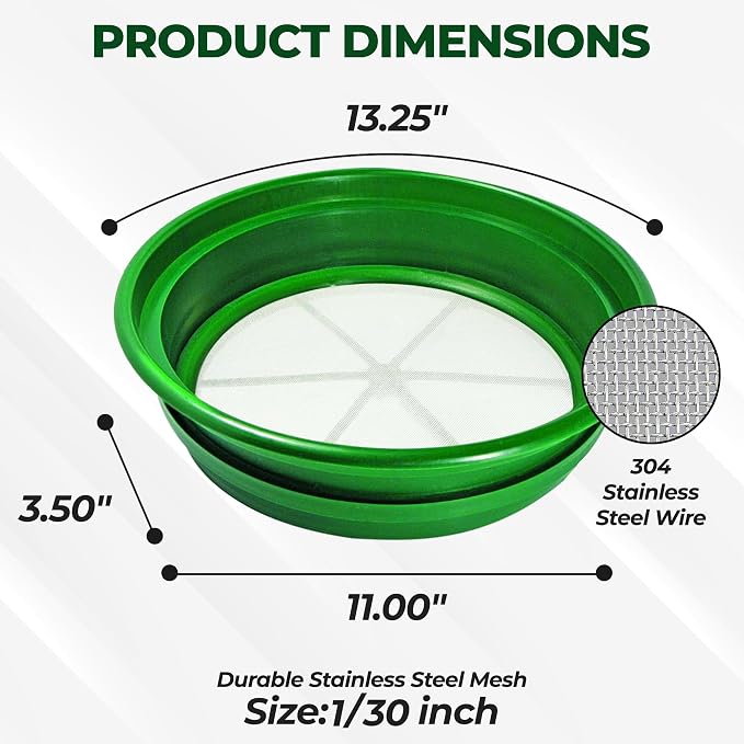 SE 13.25 Inch Wide Stackable Classifier Gold Prospecting Pan - 1/30 Inch Stainless Steel Mesh Sifting Pan, Green