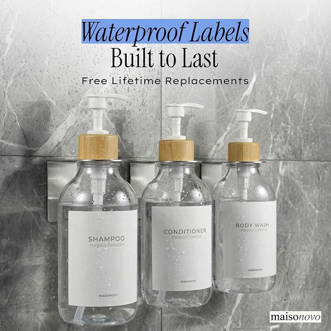 Shampoo and Conditioner Dispenser Wall Mounted Set of 3 Clear Bamboo - No Drill Shower Soap Dispenser for Bathroom Refillable - Spa Hotel Style Accessories by MaisoNovo | 500 ml Shower Gel Dispenser Set of 3. Refillable Shampoo and Conditioner Bottles....