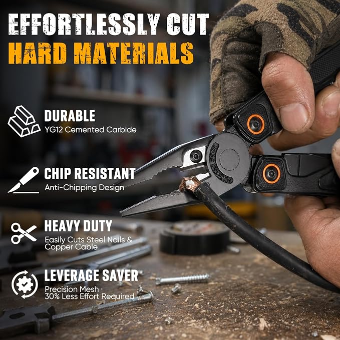 BIBURY Lightweight G10 Handle Multitool Pliers, 25-in-1 EDC Multi Tool with Replaceable Wire Cutters, Scissors, One-Hand Opening Pocket Knife Survival Tools for Camping, Repair,Survival -BI2048B
