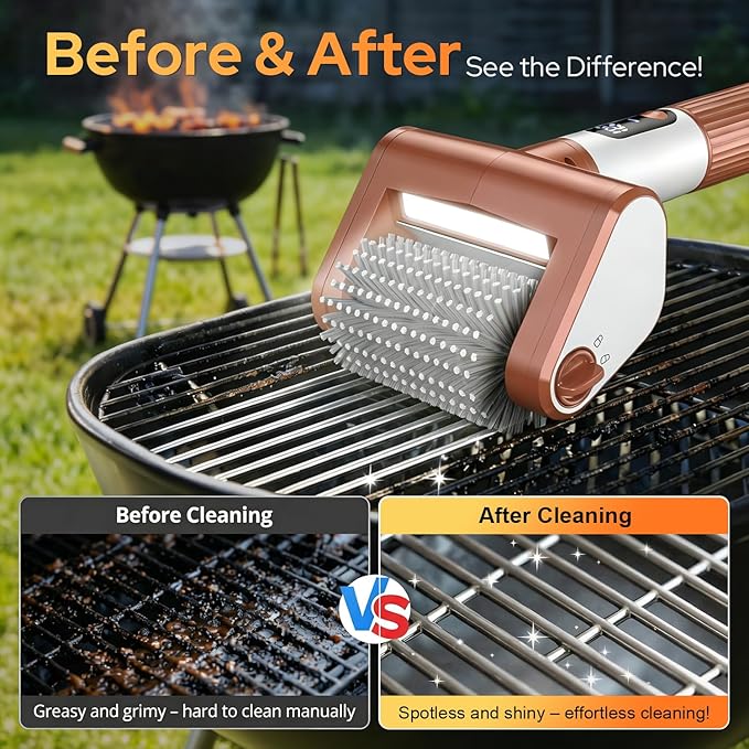 Electric Grill Brush with LED Light, Dual Speed Electric Grill Cleaner, Rechargeable Cordless BBQ Cleaner, Waterproof Replaceable Brush Heads for Barbecue Grates