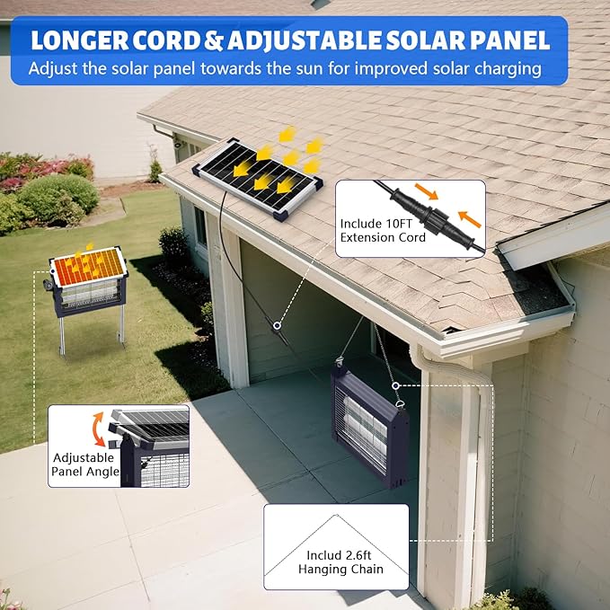 Zechuan Solar Bug Zapper Outdoor, 4500V Electric Mosquito Zapper, IP66 Waterproof Cordless Fly Killer, Type-C Rechargeable with Projection Light for Patio Yard Camping