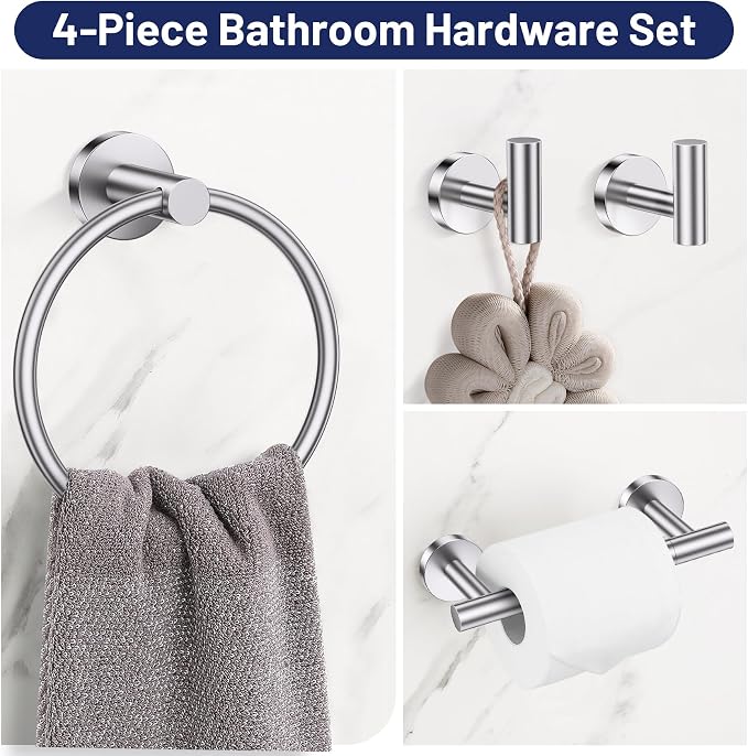 Brushed Nickel Bathroom Hardware Set, 4-Piece Towel Holder Set Include Double Bases Toilet Paper Holder,Towel Ring and 2 Towel Hooks Stainless Steel Wall Mounted Bathroom Hardware Accessories Set