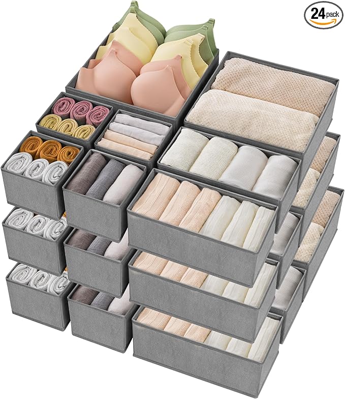 Criusia Drawer Organizer Clothes, 24 Pack Underwear Drawer Organizers, Foldable Closet Organizers and Storage Dresser Drawer Dividers Clothing Organizer for Clothes, Socks, Scarves, Bra, Ties (Grey)