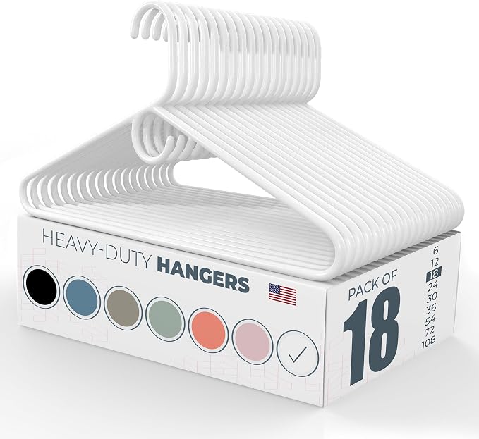 Heavy Duty Clothes Hangers 18 Pack – Made in the USA – 8lb Capacity Plastic Hangers for Adult Clothing – Durable for Pants, Coats, Jackets, or Jeans – White