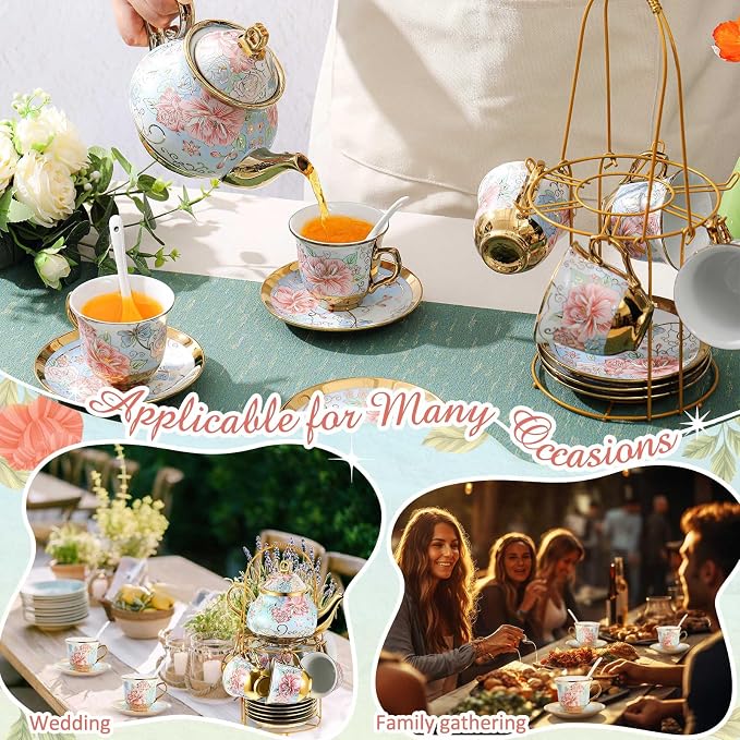 Zhehao 20 Pcs Porcelain Tea Set with Metal Holder and Spoon Adult Ceramic Tea Set European Flower Painting Teapot Cup Saucer Spoon for Women Mom Gift, Large Version (Vivid Style)