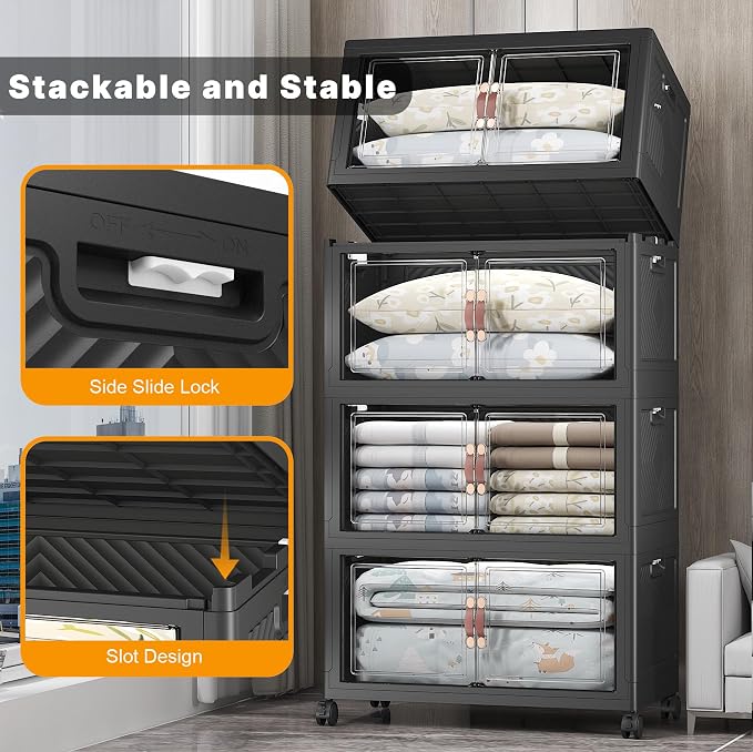 Stackable Storage Bins, 1440QT Collapsible Drawers with 2 Lids | Large Capacity, Magnetic Door, Stack Lock, Rolling Wheels, Foldable Design, Organizers and Storage for Bedroom Dorm Garage