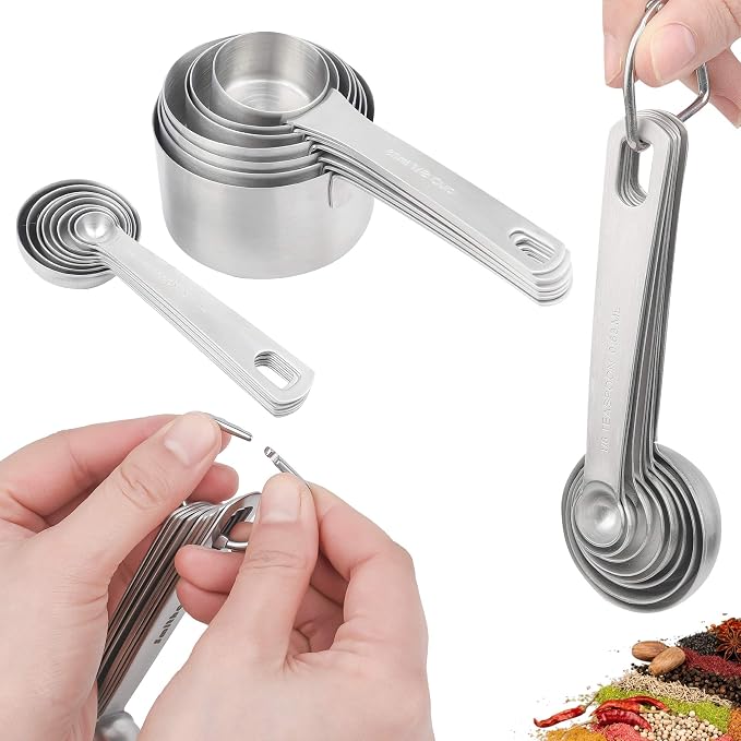 Measuring Cups and Spoons Set, 18/8 Metric & US Stainless Steel 8 Measuring Cups & 9 Spoons with 1 Leveler & 1 Measurement Conversion Chart for Baking & Kitchen