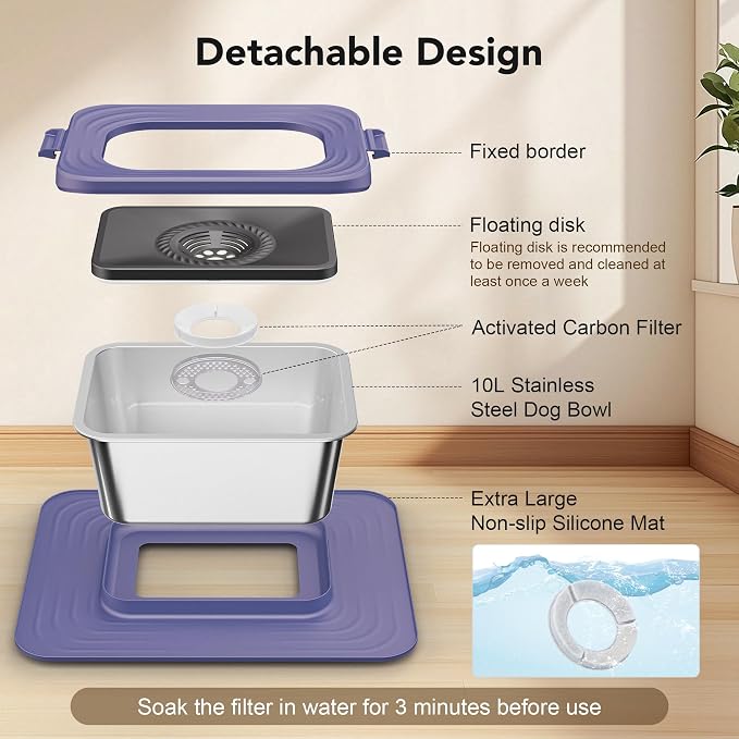 Decflow 10L Stainless Steel Dog Water Bowl, No Spill Anti-Splash Bowls | Slow Drinking for Messy Drinkers, XXl Anti-Skid Silicone Mat,Heavy Duty Pet Bowls for Indoor/Outdoor Use