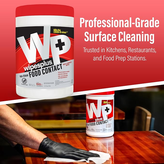 WIPESPLUS Cleaning Wipes All Purpose Food Contact - No Rinse, No Residue, Quick Dry Formula, Disinfecting Wipes For Restaurants, Foodservice, Schools - Canister, 100 Count, (Pack of 12)