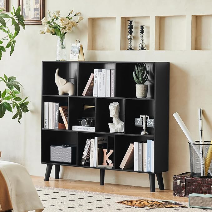 LEYAOYAO 8 Cube Bookshelf, Mid-Century Modern Book Shelf with Legs, Black | 3 Tier Bookcase, Rustic Wood Bookshelves Freestanding Large Storage Organizer, Open Shelves for Bedroom, Living Room, Office