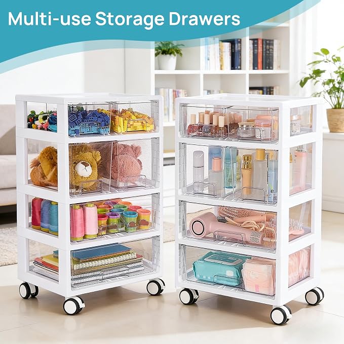 Vtopmart Plastic Drawer Storage Orangizer, 4 Tier 6 Drawers with Wheels for Office Supplies, Art Crafts, Under Desk Storage for Office, Bathroom, Dresser, 1 Pack/Clear
