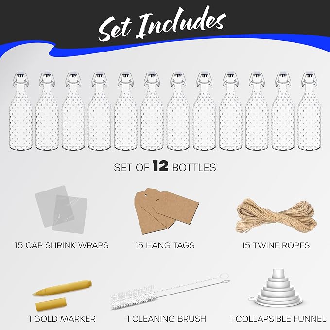 Nevlers 17 Oz Dotted Swing Top Glass Bottles with Airtight Lid | 12 Pack Flip Top Glass Bottle with Lids, Shrink Wrap, Funnel, Brush, Tags & Marker | Fermentation or Kombucha Bottles with Stoppers