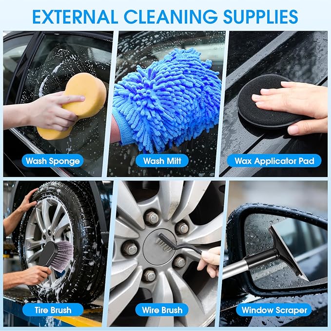 36Pcs Blue Car Wash Detailing Kit，Car Cleaning Set with Foam Gun Sprayer，Long-Handle Brush Mop，Large Collapsible Bucket，Complete Car Wash Supply Gift for Men and Women