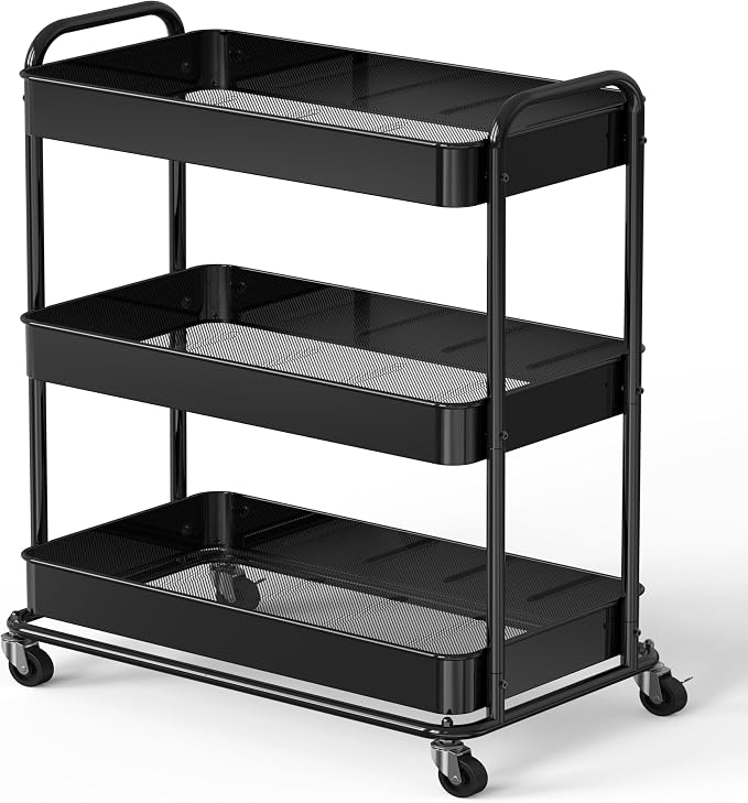 Simple Houseware 26" Extra-Wide 3-Tier Heavy Duty Metal Utility Cart, Black | High-Capacity Rolling Cart Organizer for Spa, Salon, Office, and Home Storage