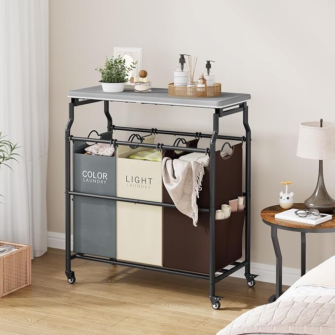Hoctieon 3 Section Laundry Sorter with Iorning Board, Hamper with Wheels | Brown+Gray+Beige,Lockable Wheels, Laundry Basket Organizer, Heavy Duty Clothes Separator, Removable Bags,Rolling Laundry Cart