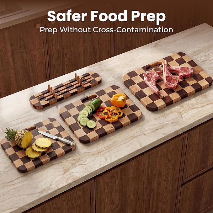 SMIRLY Cutting Board Set - 3 Piece Rubberwood Cutting Boards with Stand | Double-Sided Wood Cutting Board, Checkered Cutting Boards Non Toxic for Meat Vegetable Fruit, Food-Grade