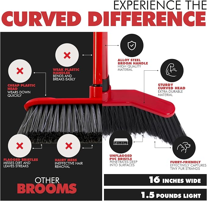 Da Vinci Angle Broom with Dustpan Combo Set – 16" Curved Head, 52" Adjustable Telescopic Handle, Soft PVC Bristles, Indoor Outdoor Broom and Dustpan Set for Kitchen, Pet Hair, Dust & Debris