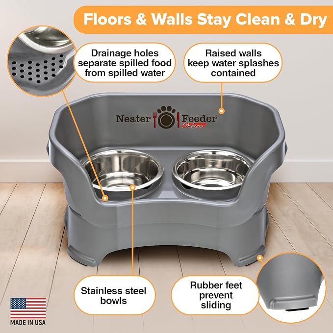 Neater Pet Brands Neater Feeder Deluxe Mess Proof Dog Bowls Elevated for Medium Dogs 19-40 lbs, Made in USA, No Spill Raised Dog Food Bowl Stand Feeding Station, Food and Water Bowl Set, Gunmetal