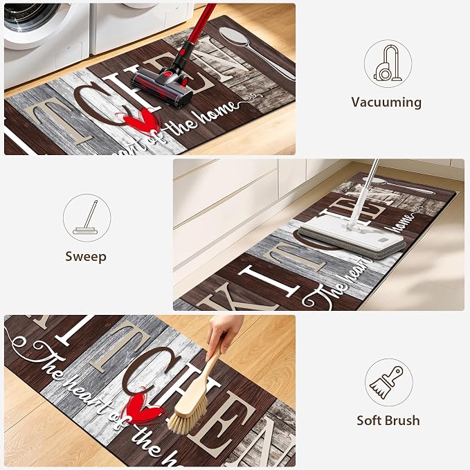 Kitchen Rugs Set 3 Piece, Non Slip Kitchen Mats for Floor, Soft Fabric with Rubber Backing, Farmhouse Anti Fatigue Runners Carpet for Home Kitchen Laundry Room Hallway Rustic Dark Brown & Grey