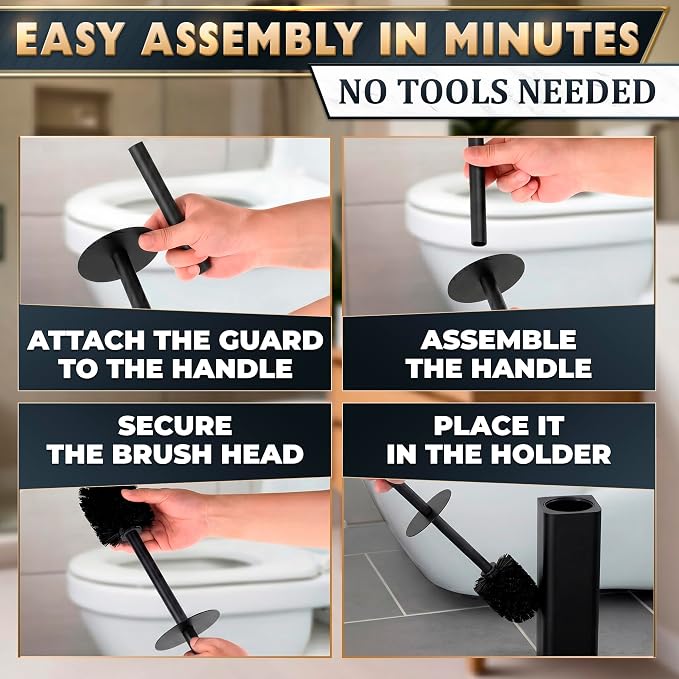 Black Toilet Brush and Holder Set - Slim Matte Design that Fits Anywhere - Stainless Steel Toilet Bowl Brush and Holder with 2 Rounded Corners, Replaceable Head, Removable Inner Bowl & Splash Guard