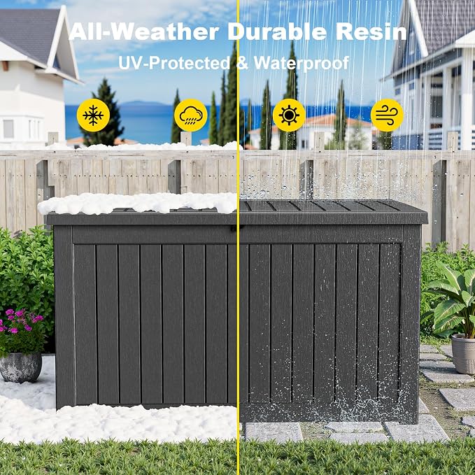 DRATO 280 Gallon Deck Boxes Outdoor Waterproof, Lockable Outdoor Storage Box for Patio Furniture Pool Supplies Garden Tools, Weatherproof Resin Storage Box for Backyard (Black, 280 Gallon)