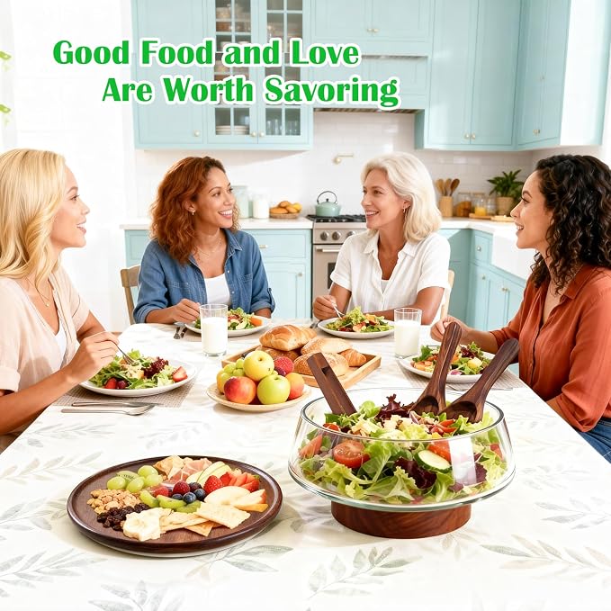 Extra Large Glass Salad Bowl with Lid Set, 5-Qt (160 fl oz) Mixing/Serving Bowl with Wood Base & Salad Servers, Trifle Bowl for Kitchen, Parties & Christmas