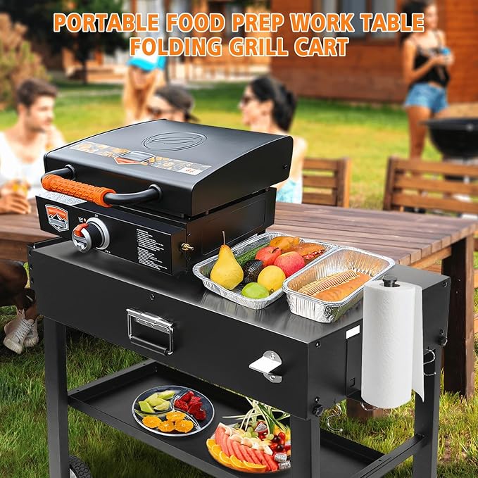 Foldable Grill Cart for Blackstone 17/22, Ninja Woodfire OG700, Ooni Pizza Oven – Portable Grill Table with Wheels, Dual-Shelf BBQ Prep Station with Caddy & Hooks, Compact Camping Griddle Stand