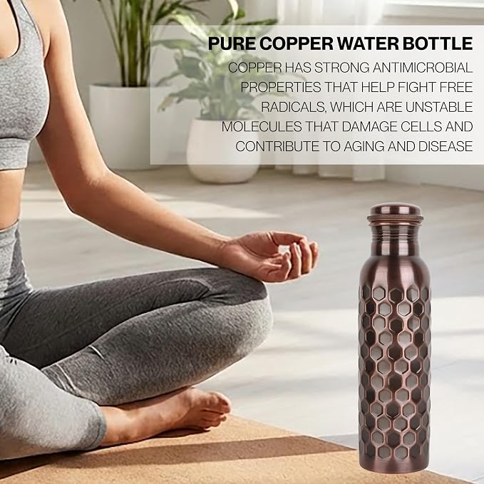 Copper Water Bottle 32 Oz Extra Large, Real Copper Drinking Bottle, Antique Honeycomb Ayurvedic Pure Bottle for Drinking Water, Leak Proof Lid with Cleaning Brush, Home Office Use