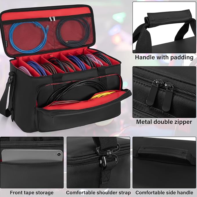 AKOZLIN Large Travel Gig Band Cable File Bag With Detachable Dividers DJ Cord Organizer Case for DJ Gear Sound Instrument and Musician Accessories Red