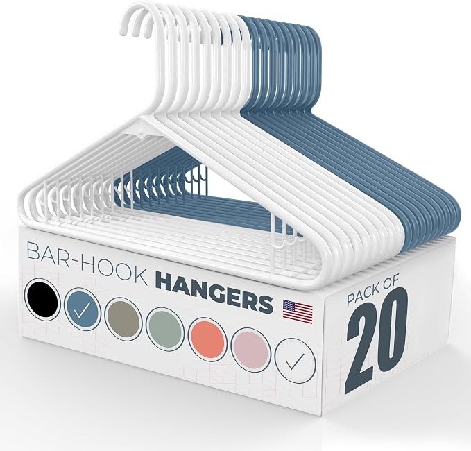 Plastic Hangers 20 Pack - Made in the USA - 6lb Capacity Standard Clothes Hangers with Strap Hooks for Dresses, Lingerie, Shirts, Pants, and Jackets - White & Blue