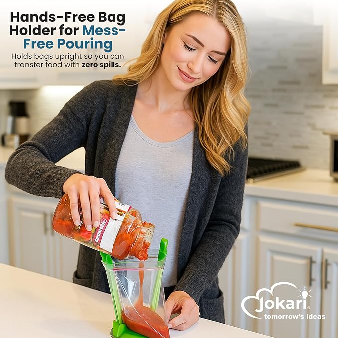 Jokari Adjustable Baggy Rack Stand 4-Pack | Hands-Free Freezer Bag Holder, Gallon, Quart, Sandwich Size Storage Bags, Ideal, Pouring Leftovers, Meal Prep