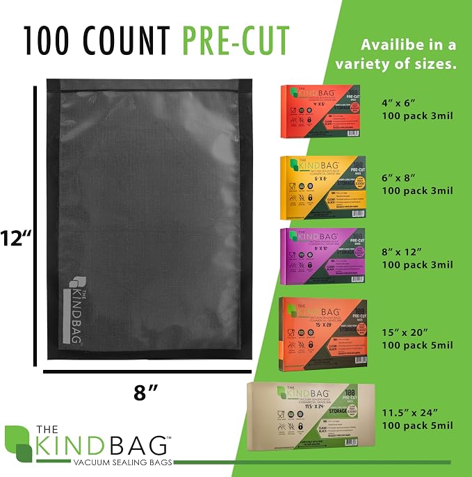 The Kind Bag Vacuum Seal Bags for Food Storage, 8x12 Inch 100 Pack, Pre-Cut 3mil Commercial Grade, Black Back Clear Front, BPA Free, Airtight and Freezer Safe, Prevents Freezer Burn