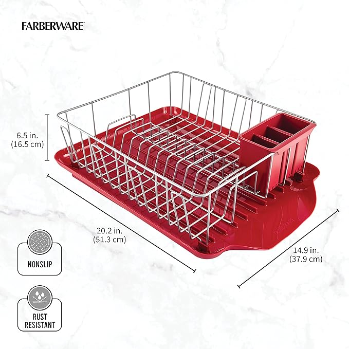 Farberware Classic Large Rust Resistant Full Dishrack with Removable 3 Compartment Flatware Caddy, Andlged Drain Board, 3-Piece, Red