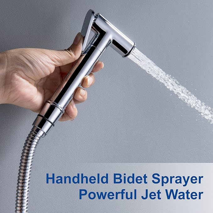 SHAMANDA Warm Water Bidet Sprayer for Toilet with Hot and Cold Brass Rough-in Valve, Stainless Steel Round Handheld Bidet Attachment Set for Feminine, Pets and Baby Diaper Wash, Polished Chrome BDS09