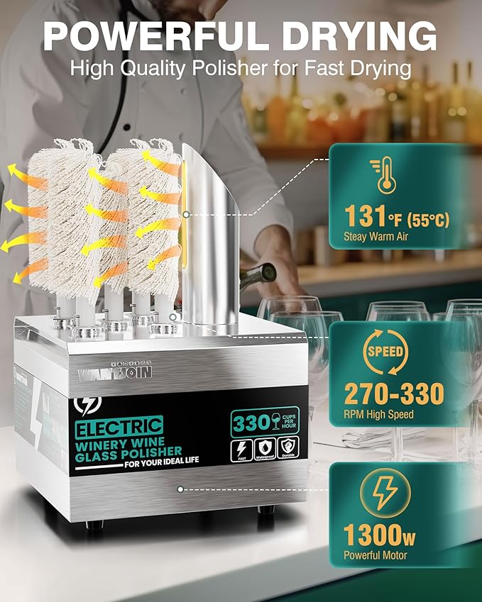 WantJoin Commercial Wine Glass Polisher Machine, 330 Cups/Hour 1300W Automatic Dryer with 5 Brushes, 304 Stainless Steel & Soft Cotton Brushes for Bar Restaurant Kitchen