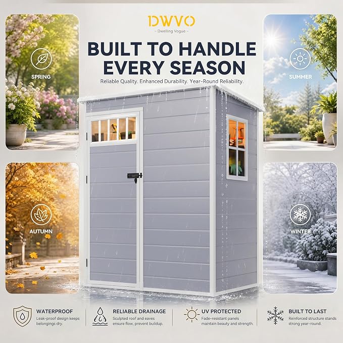 DWVO 5x3FT Outdoor Storage Shed with Fence-Style and Side Windows, Floor & Lockable Doors, Resin Storage Shed for Backyard and Garden, Gray