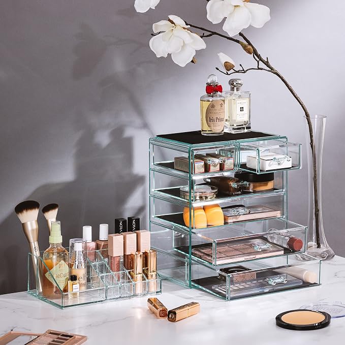 Sorbus Acrylic Makeup Organizer Set, 6-Drawer Vanity & Countertop Cosmetic Storage with Small & Wide Compartments, Teal Thrill Makeup Storage for Brushes, Jewelry – Holiday Gift for Women & Teens