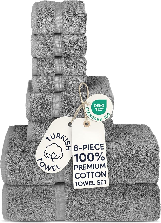 Chakir Turkish Linens Set of 8 Towel Set, 100% Cotton Luxury Turkish Towels for Bathroom, Soft Absorbent Bath Towel Set with 2 Bath Towels 2 Hand Towels 4 Washcloths, Gray