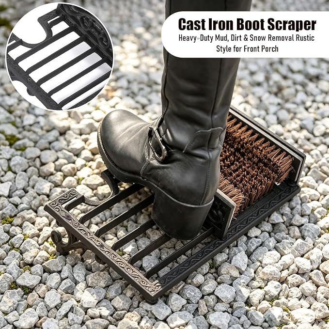 Cast Iron Boot Scrubber with Heel Remover & Brush | Black Heavy Duty Boot Scraper with Brush, Durable Outdoor Boot Cleaning Tool for Muddy Shoes for Porch Garage Entryway