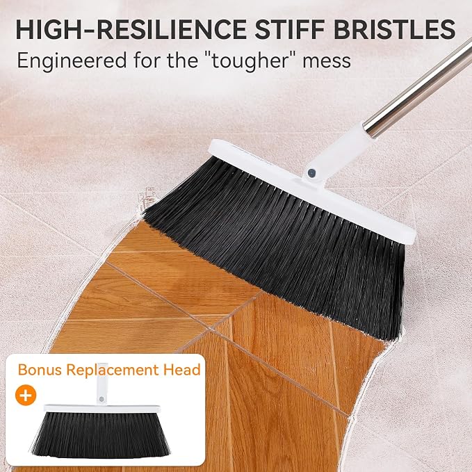 MOPALL Broom with Dustpan Combo Set with 53" Extra Long Handle, Self-Cleaning Dustpan Teeth for Dog Cat Hair, 180° Swivel Brooms Head, Upright Standing for Sweeping Indoor, Includes 2 Broom Heads