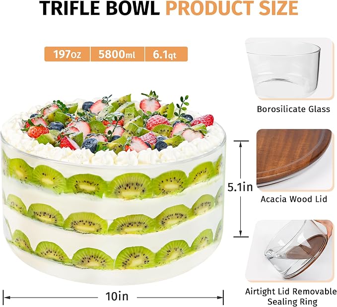 197 Oz Large Glass Trifle Bowl, Glass Salad Bowl with Acacia Wood Lid, Premium Serving Bowls for Cake, Salad, Fruit, Baking, Dessert, Meal Prep, Storing, Microwave & Oven Safe, BPA Free