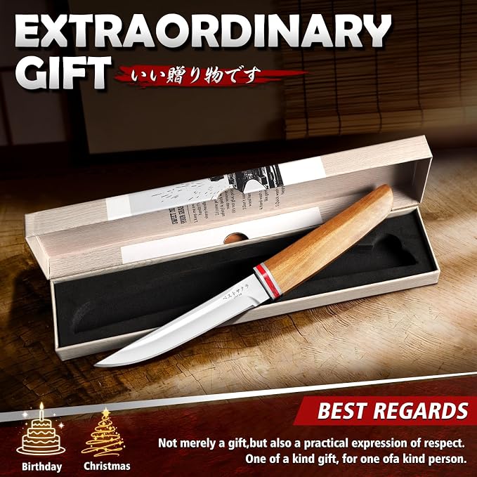 DRGSKL Utility Fixed Blade Knife - Handcrafted Japanese Knife with Sheath | D2 Steel, Premium Natural Walnut Wood Handle & Sheath, Gift Box, Red Marble Texture Decoration